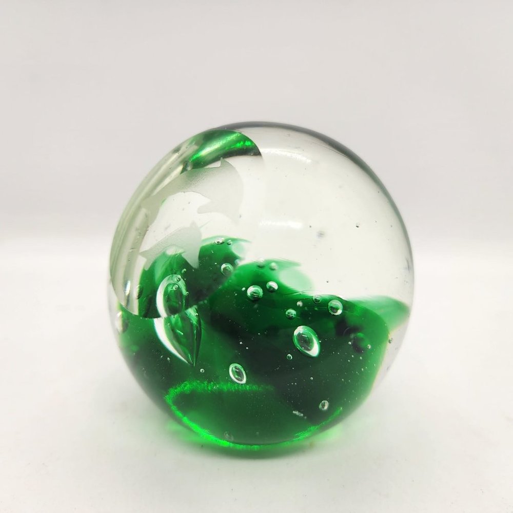 Vintage Art Glass Paperweight Green White Suspended White Sphere